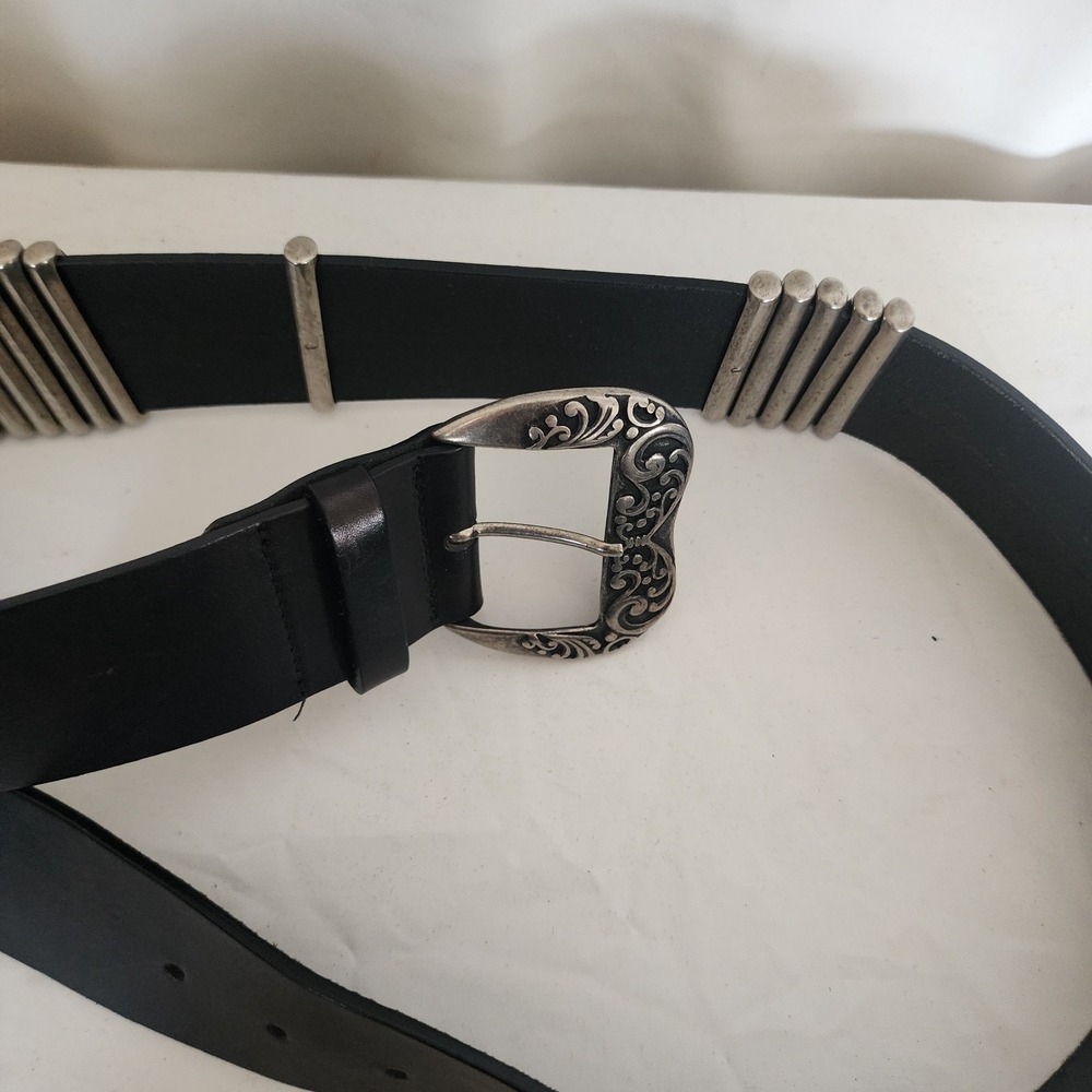 Albatros Made In Italy Wide Leather Belt Black Metal Embellishments 2" 32" - Picture 8 of 10